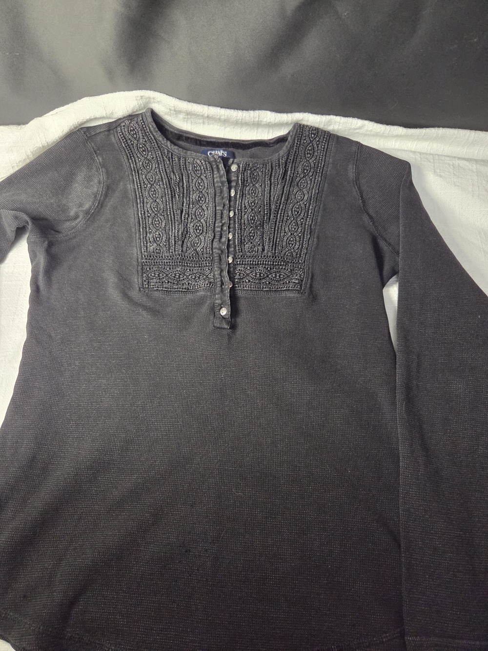 Chaps Black Embroidered Henley Scoop Neck Sweater